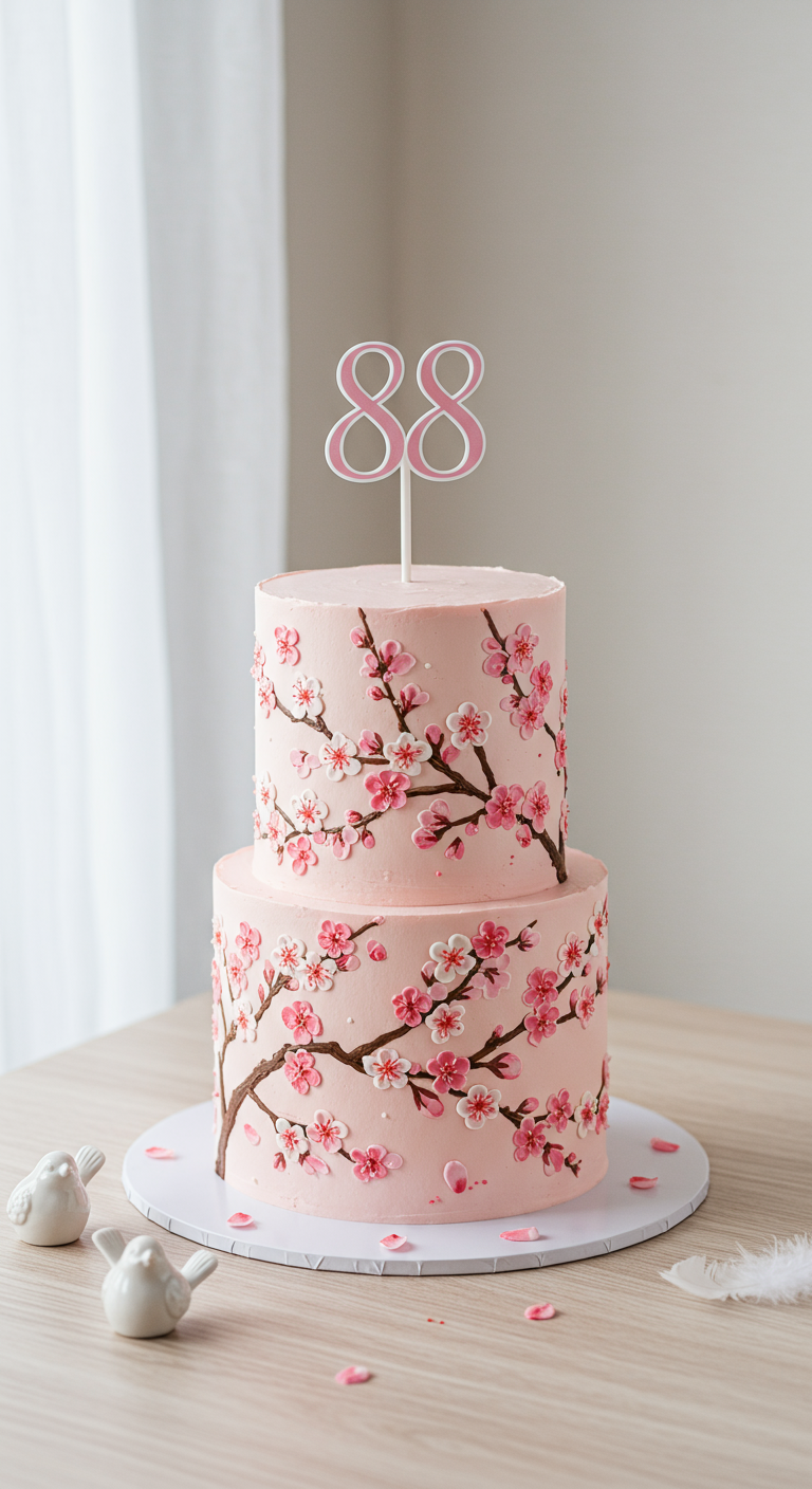 Zweistöckige rosa Torte mit handgemalten Kirschblüten.