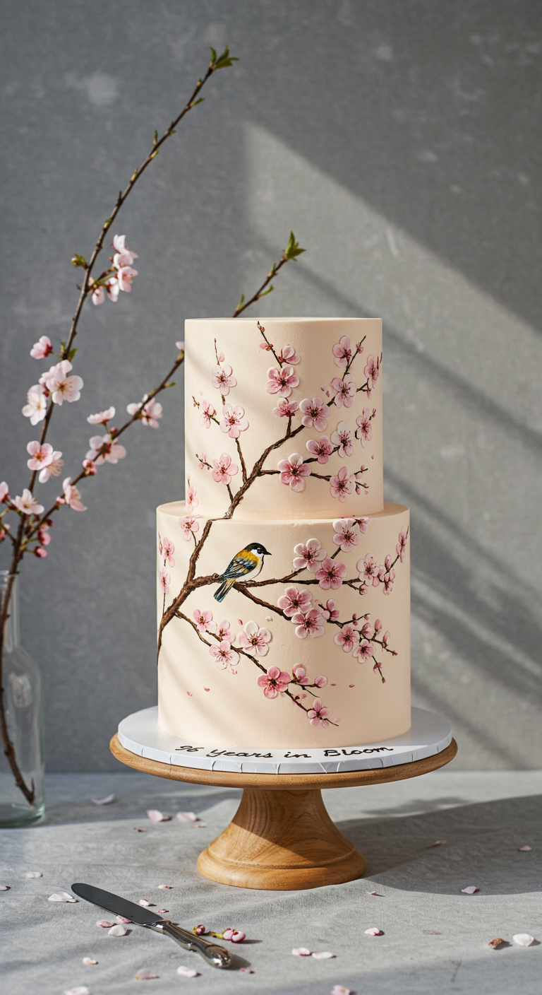 Zweistöckige Torte mit handgemalten Kirschblütenzweigen und einem Vogel.
