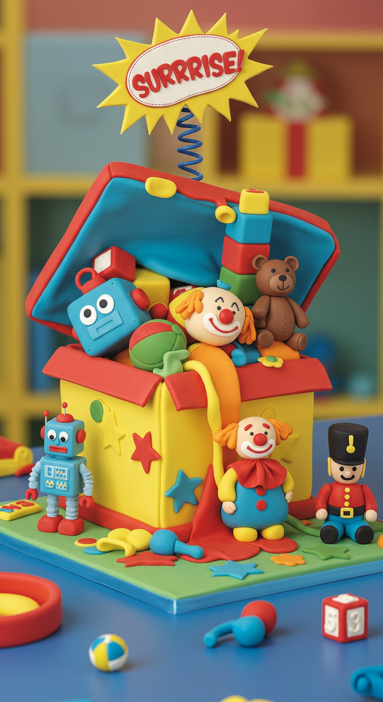 Torte in Form einer offenen Spielzeugkiste mit Figuren.