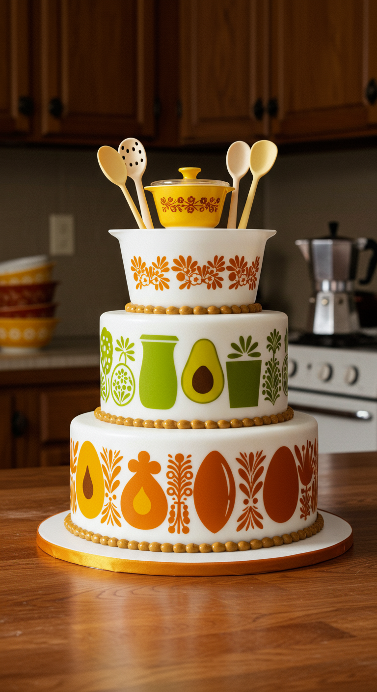 Dreistöckige Torte mit Mustern von Retro-Pyrex-Küchengeschirr in Orange, Grün, Gelb.