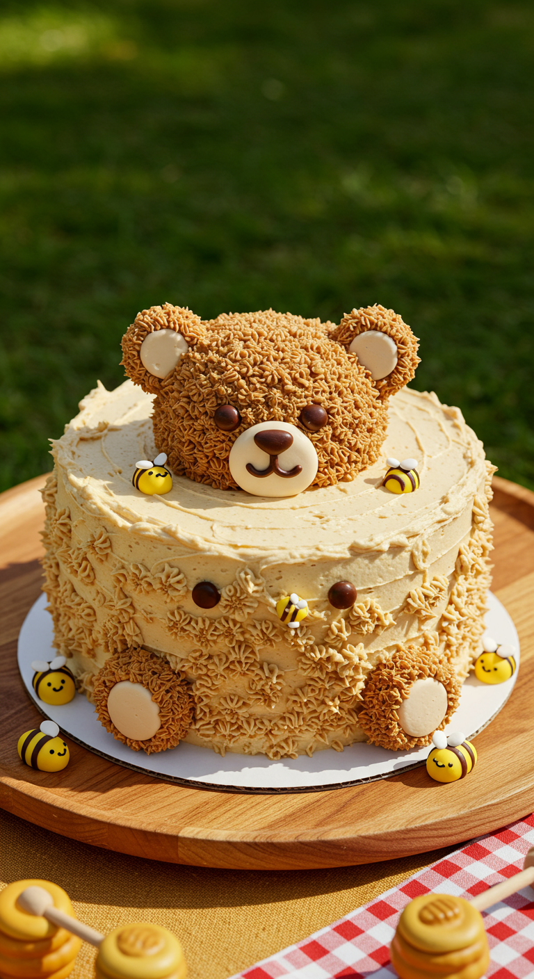 Buttercreme-Torte als Teddybär gestaltet, mit aufgespritztem Fell und kleinen Zuckerbienen.