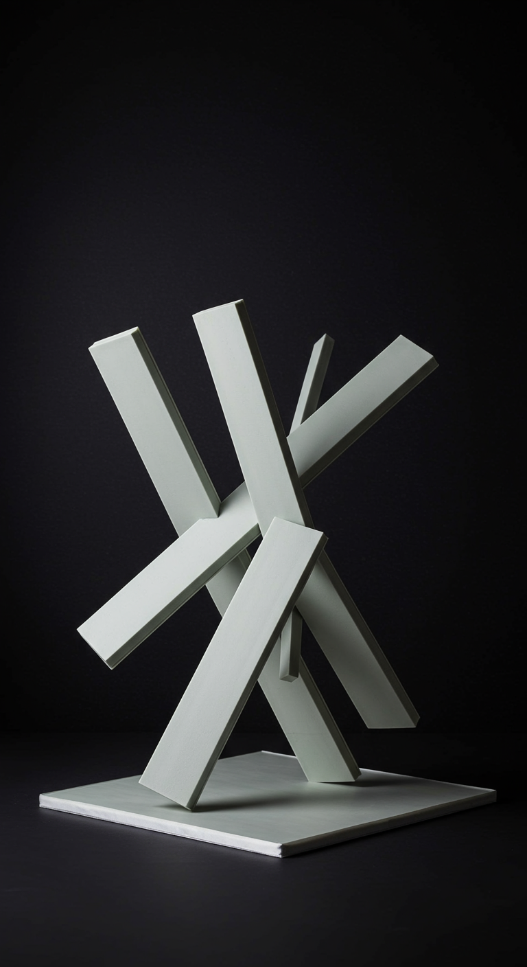 Abstrakte Skulptur aus sich kreuzenden weißen, rechteckigen Stäben.