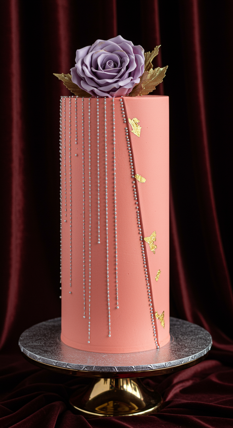 Korallenrote Torte mit silbernen Perlensträngen, Goldblatt und lila Zuckerrose.
