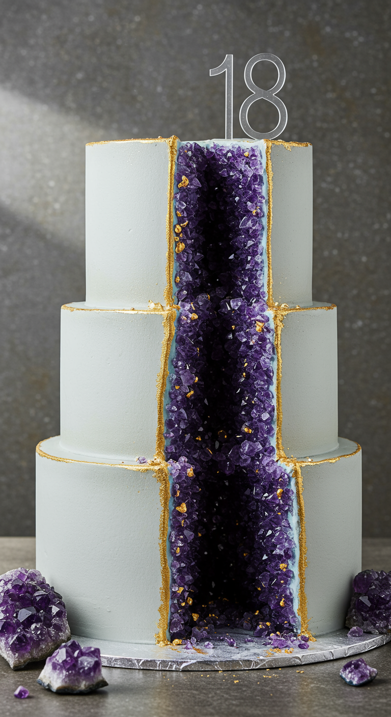 Dreistöckige Torte mit einer lila Amethyst-Geoden-Öffnung und Goldrändern.