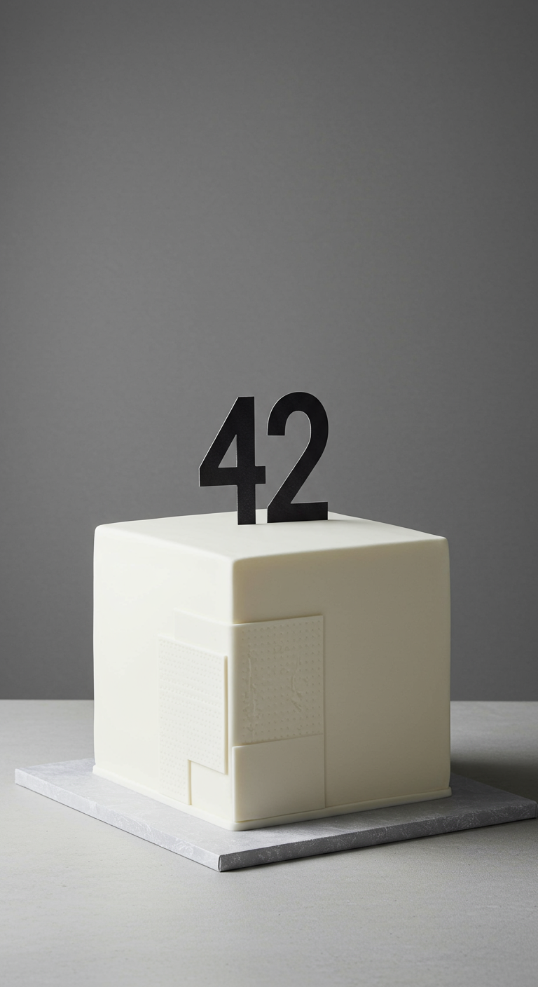 Perfekt quadratische weiße Torte mit dezenten Textur-Elementen und schwarzer Zahl 42.