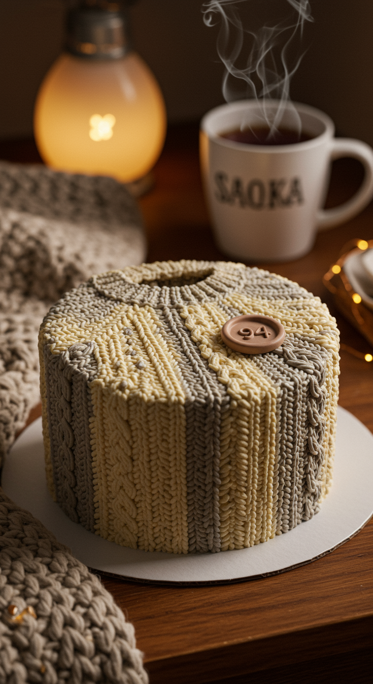 Runde Torte mit einem detaillierten Strickmuster aus Buttercreme in Beige- und Grautönen.