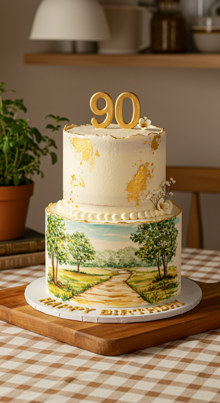 Zweistöckige Torte: unten handgemalte Landschaft, oben weiß mit Gold und kleinen Blüten.