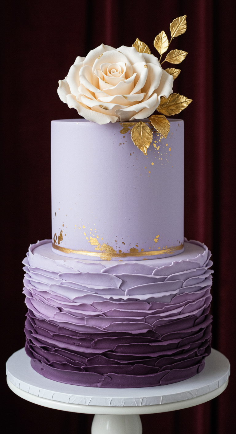 Zweistöckige Torte: untere Etage lila Ombré-Rüschen, obere glatt lavendelfarben mit Goldsprenkeln und großer Rose.