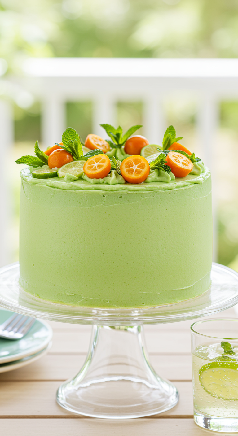 Hellgrüne Torte, dekoriert mit Kumquats, Limettenscheiben und Minze.