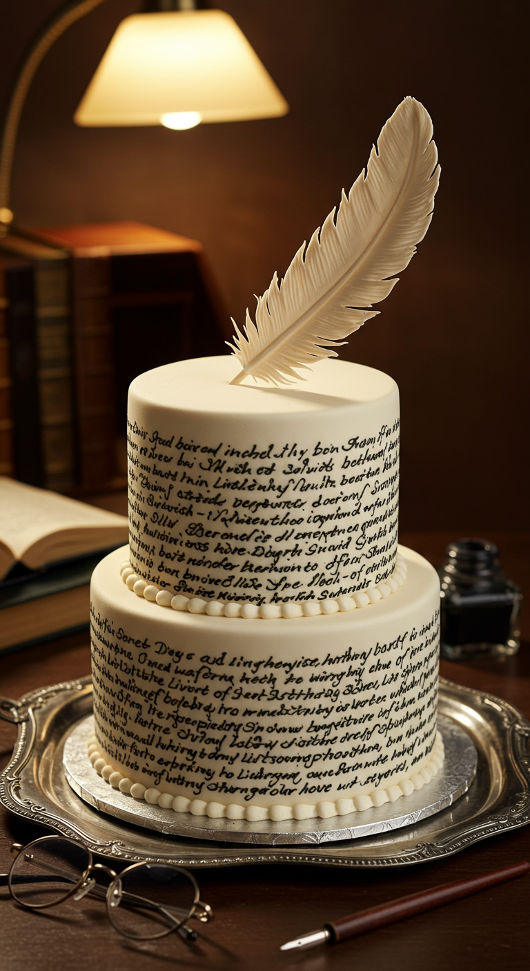Zweistöckige Torte mit handschriftlichem Text und einem weißen Federkiel aus Zucker.