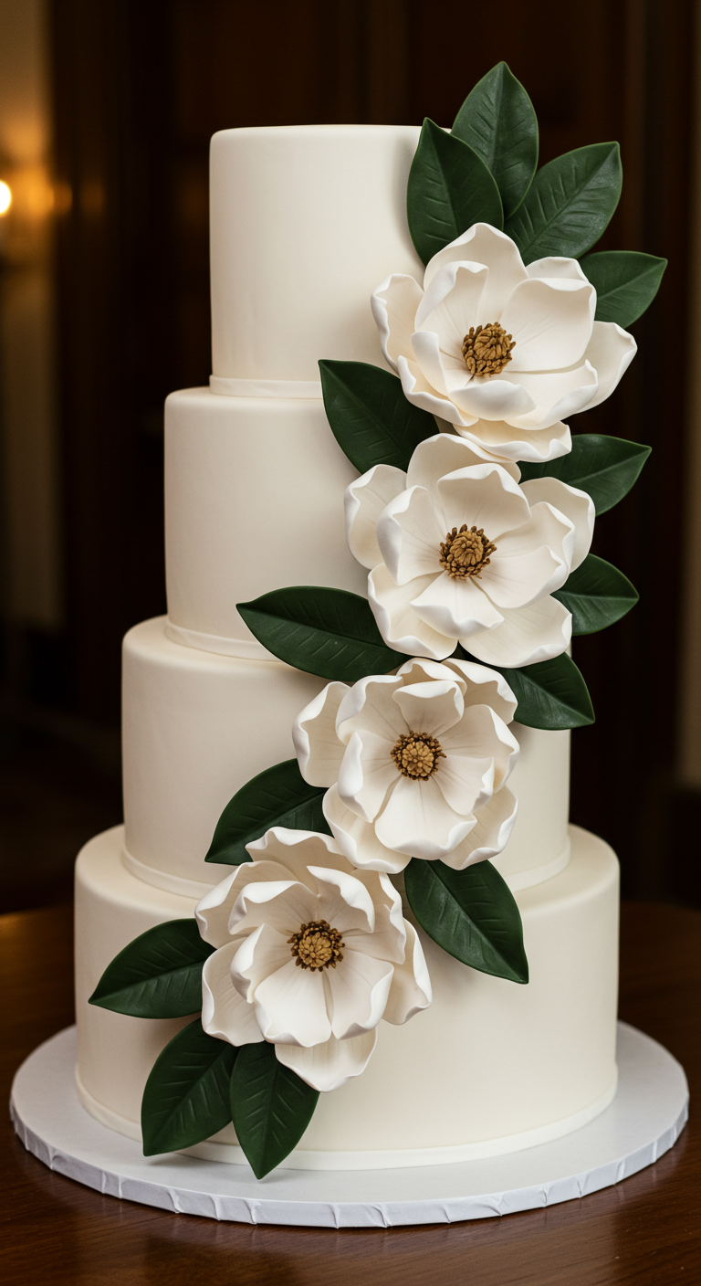 Hohe, weiße mehrstöckige Torte mit einer Kaskade aus großen, weißen Zucker-Magnolien.