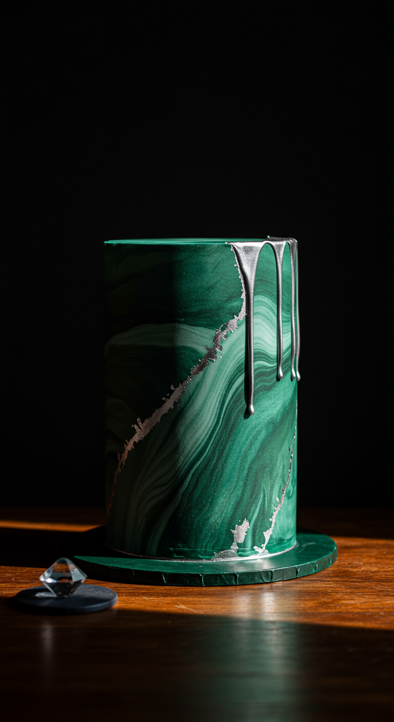 Dunkelgrüne Torte im Malachit-Look mit silbernen Drips und Linien.