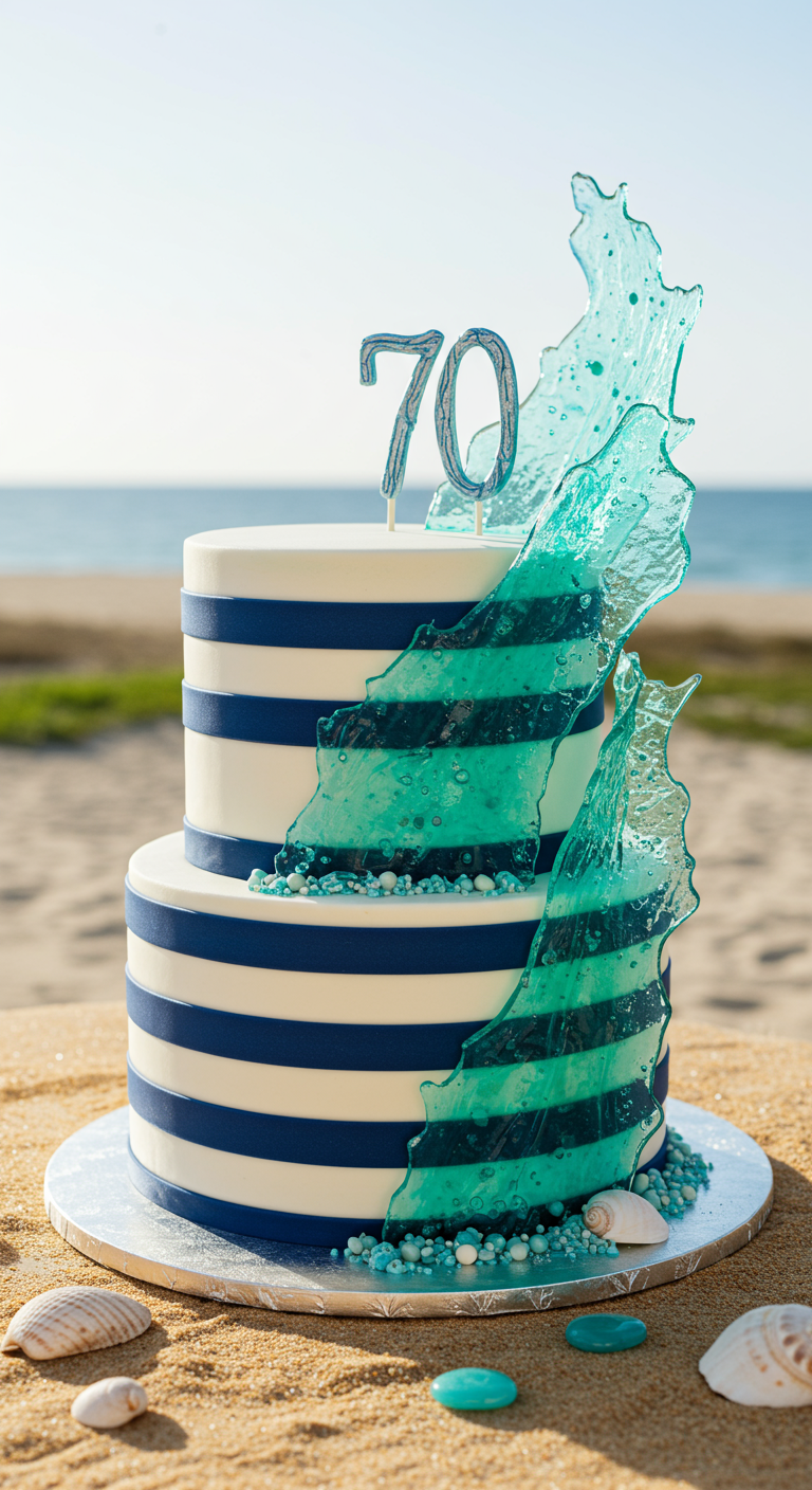 Zweistöckige weiß-blau gestreifte Torte mit türkisfarbenem Zuckerglas-Segel am Strand.