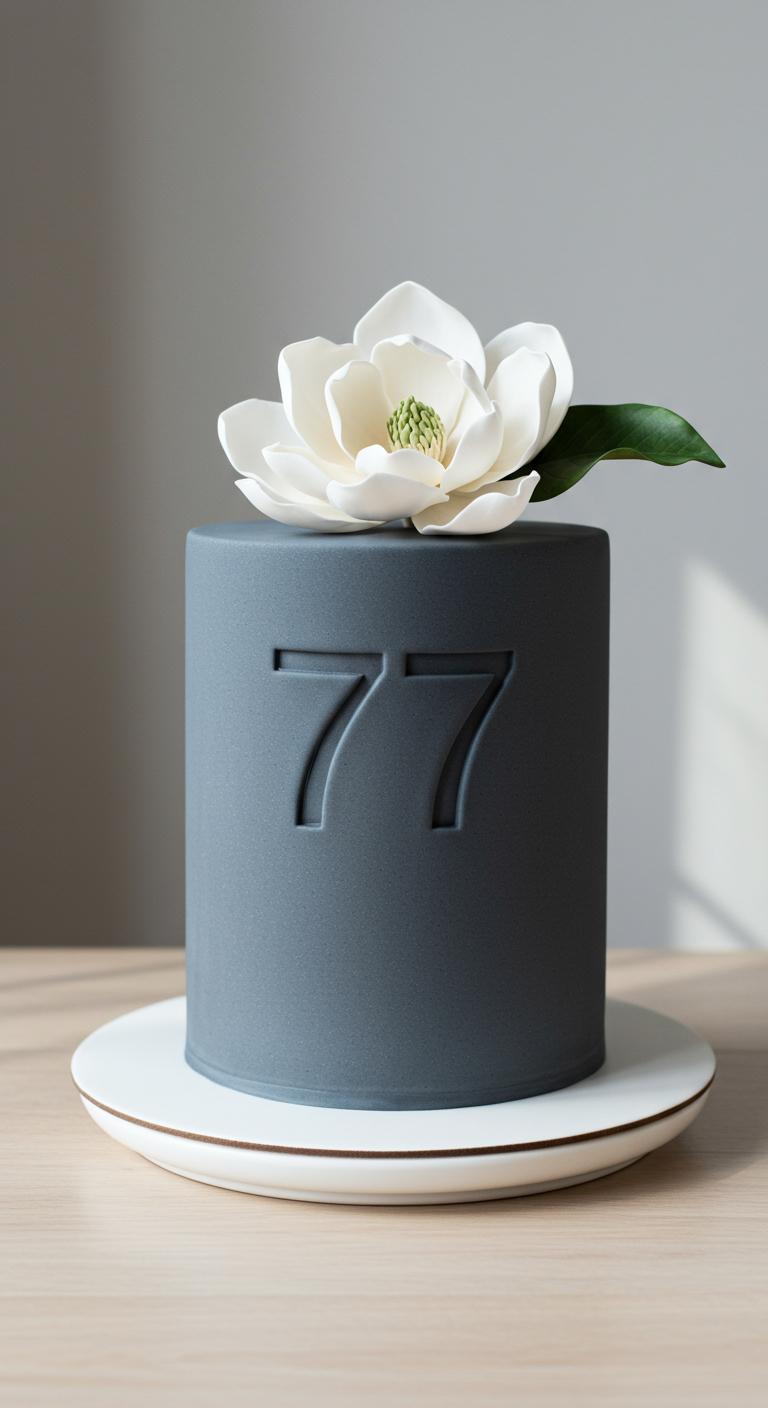 Einstöckige, schlichte graue Torte mit einer großen weißen Zucker-Magnolie und geprägter 77.