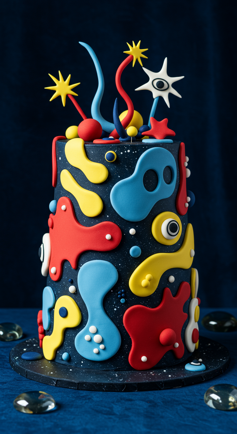 Dunkelblaue Torte mit bunten, abstrakten Formen und Figuren im Stil von Joan Miró.