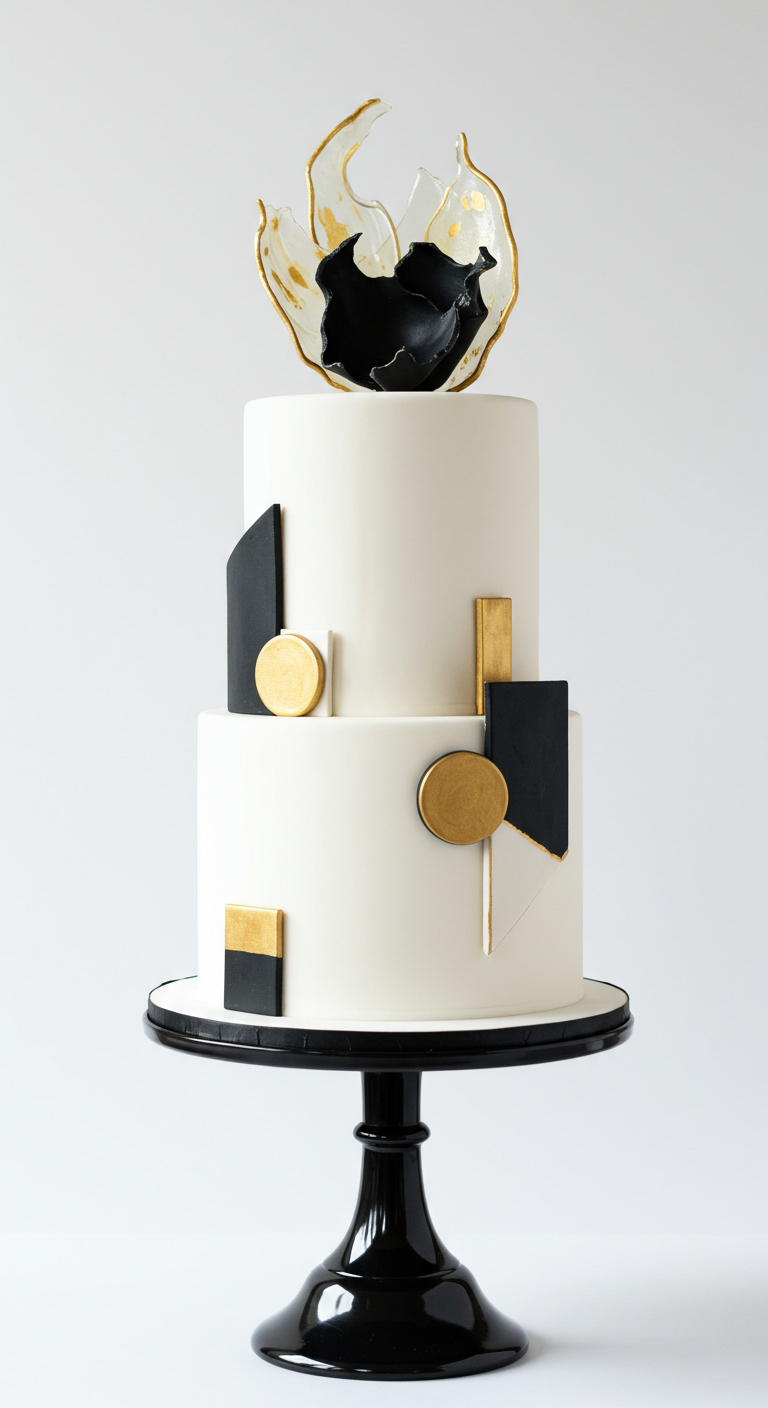 Zweistöckige weiße Torte mit schwarzen und goldenen geometrischen Formen.