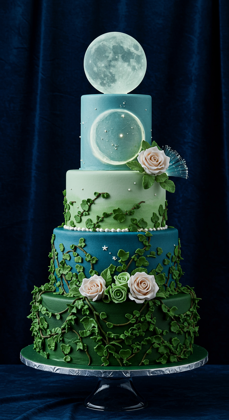 Mehrstöckige Torte mit Mond-Topper, Efeuranken und Zuckerrosen.