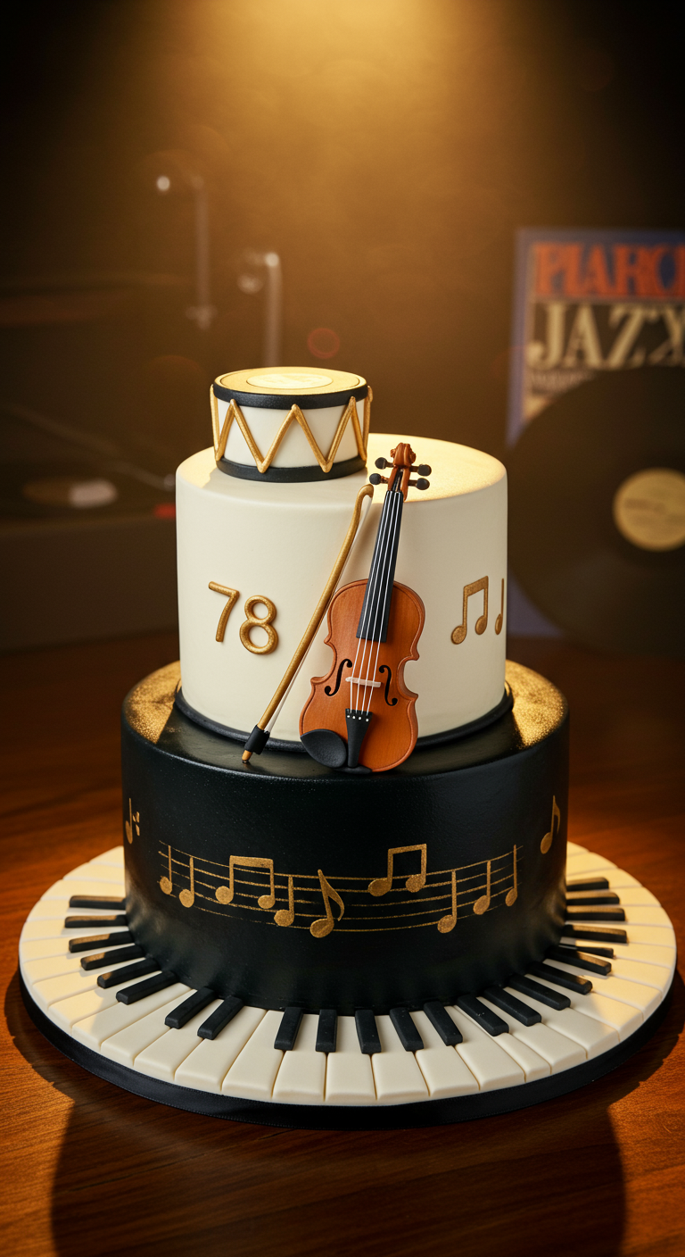 Zweistöckige Torte mit Musikthema: Klaviertasten, Noten, Mini-Violine und Trommel.