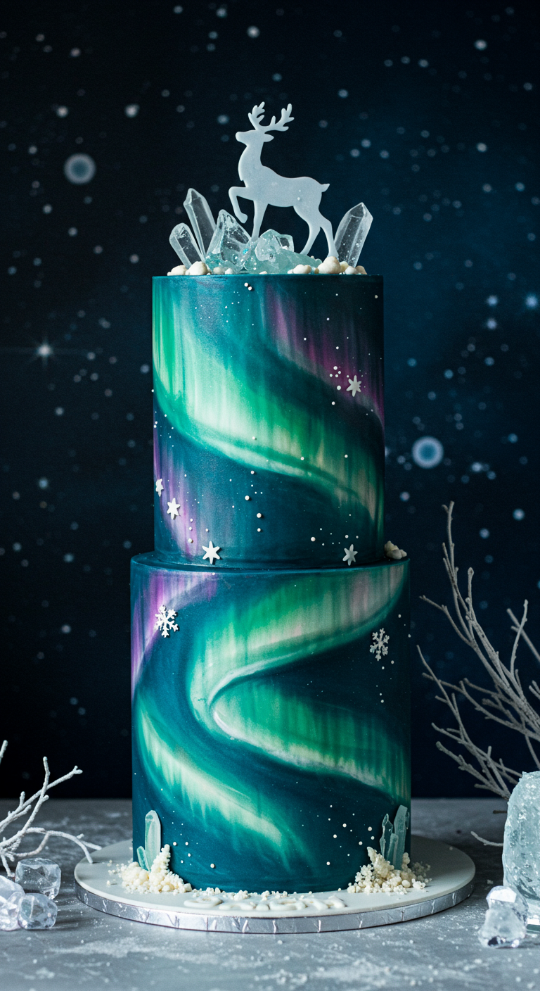 Zweistöckige Torte mit Nordlicht-Effekt in Blau-, Grün- und Lilatönen, Rentier-Topper.