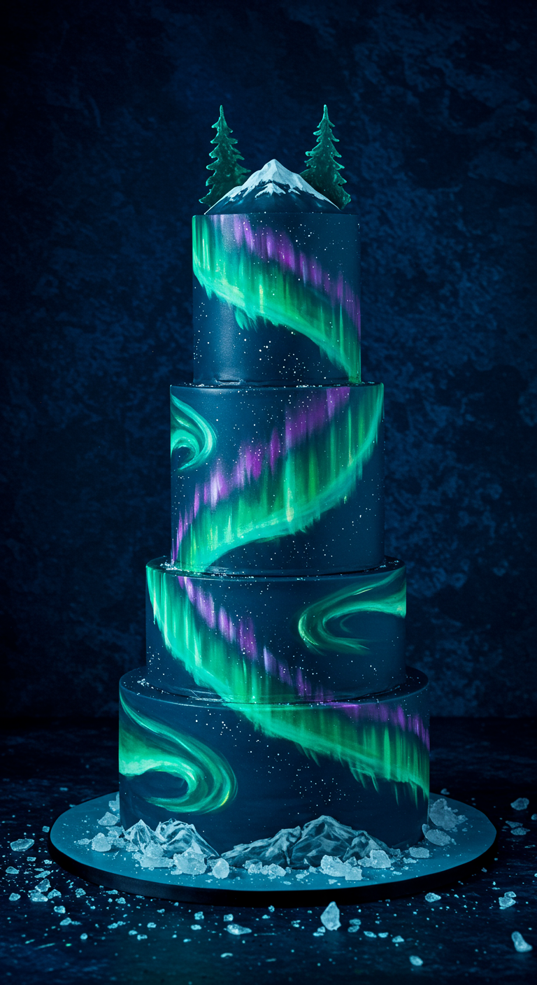 Mehrstöckige dunkle Torte mit leuchtendem Nordlichter-Effekt und Winterdeko.