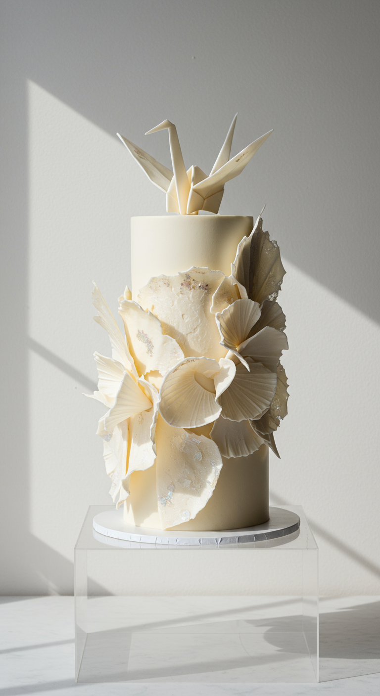 Hohe cremefarbene Torte mit filigranen weißen Blüten aus Reispapier und einem Origami-Kranich.