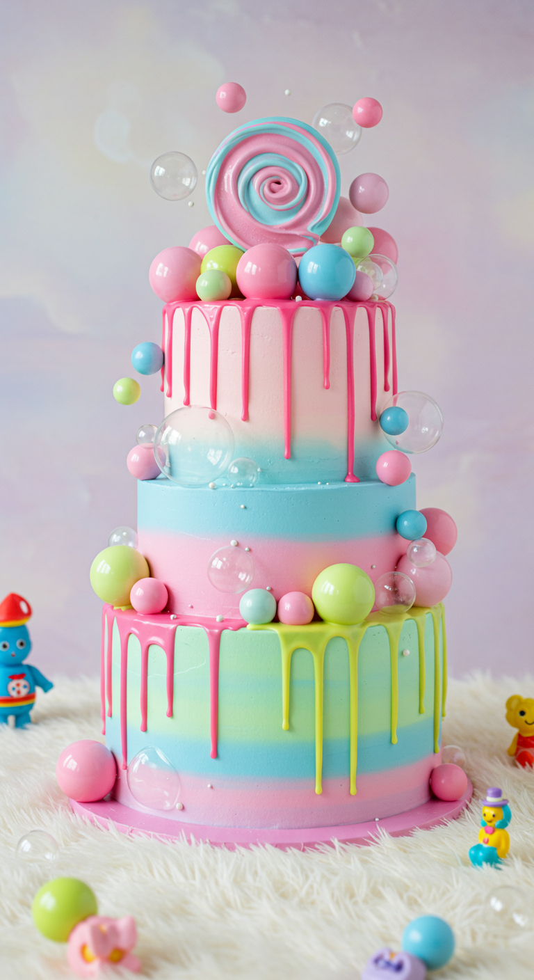 Mehrstöckige Y2K-Torte in Pastellfarben mit bunten Drips, Kugeln und Gelatine-Bubbles.
