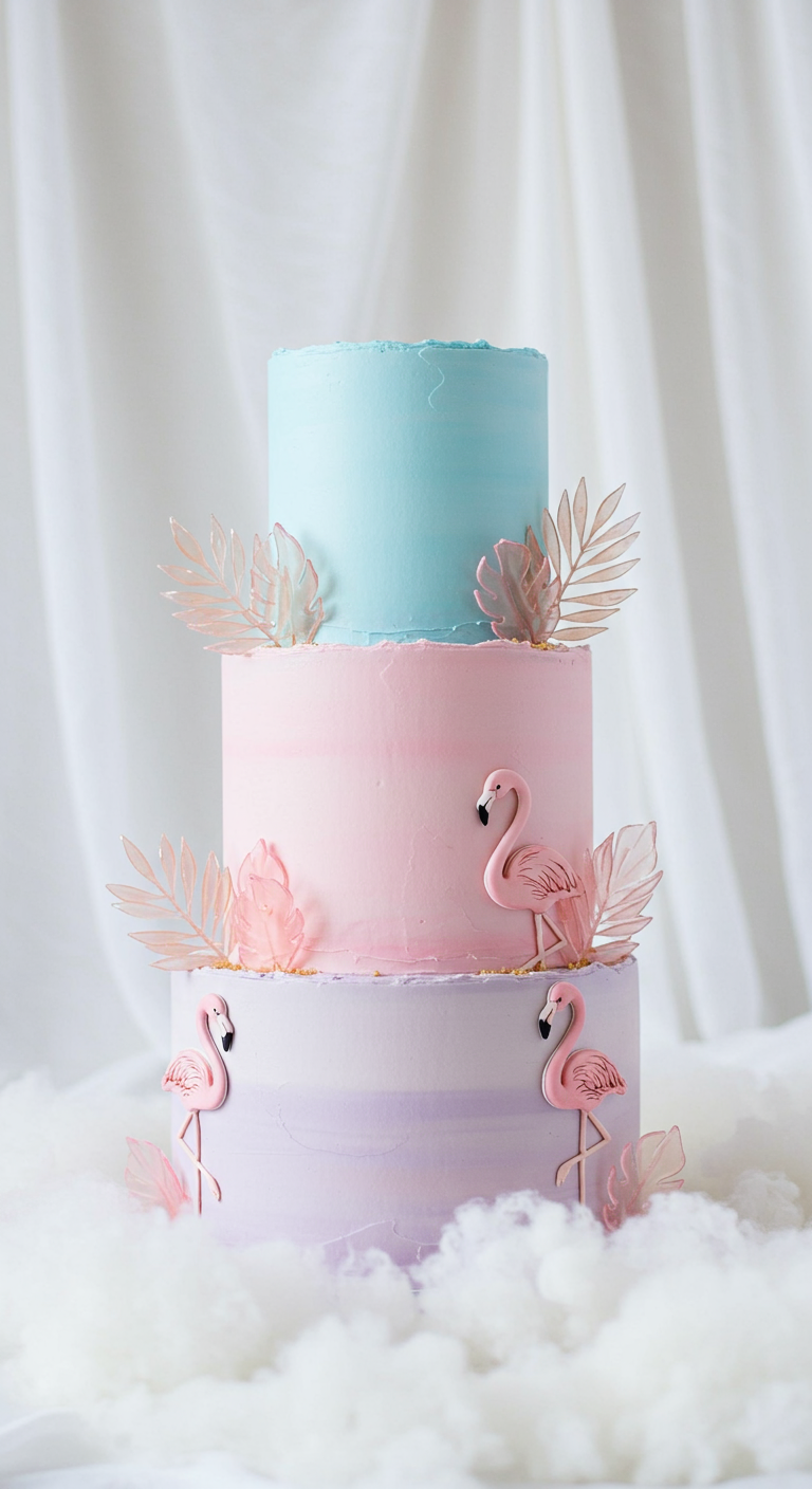 Dreistöckige Pastell-Torte mit transparenten Reispapier-Blättern und Flamingos.