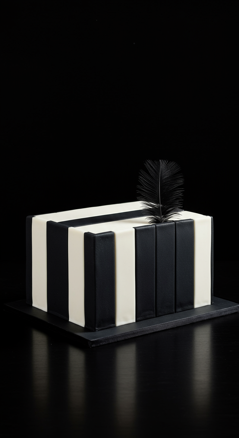 Rechteckige Torte mit breiten vertikalen schwarzen und weißen Blöcken und einer schwarzen Feder.