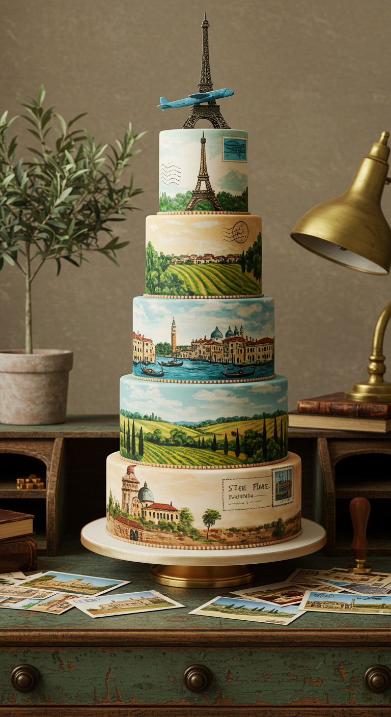 Mehrstöckige Torte, jede Etage bemalt mit europäischen Landschafts- und Stadtansichten im Postkartenstil.