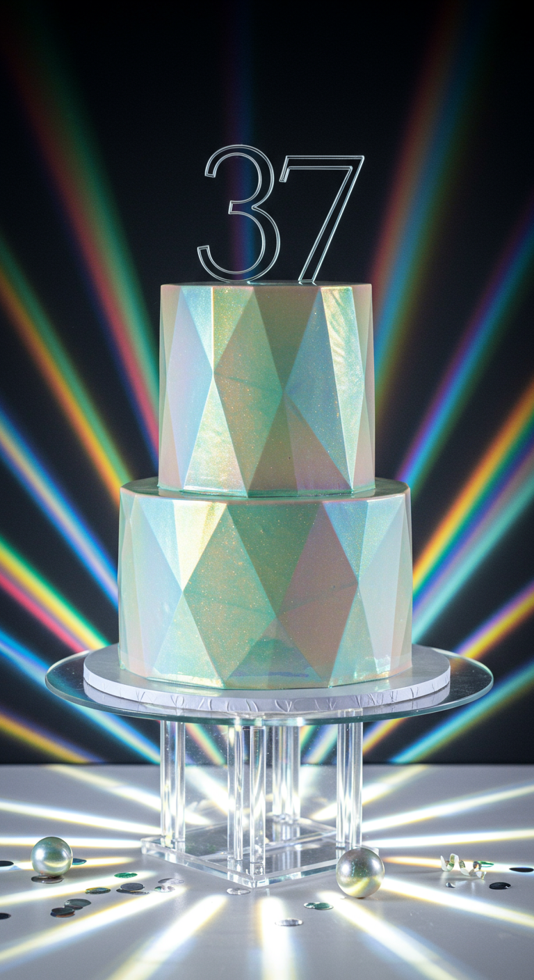 Zweistöckige Torte mit geometrischen Facetten und schillerndem Perlglanz.