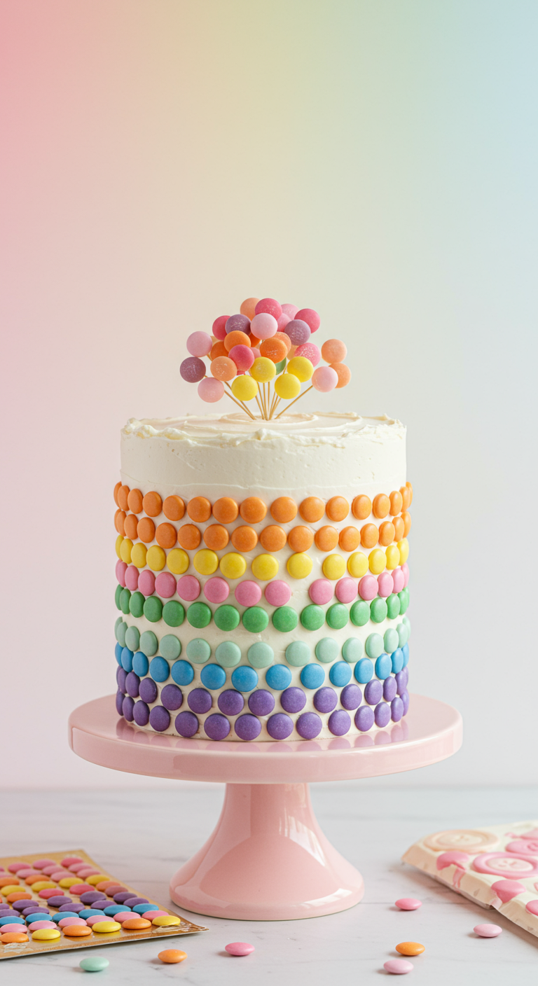Weiße Torte, horizontal mit bunten Schokolinsen in Regenbogenfarben verziert, mit einem Ballon-Topper aus Linsen.