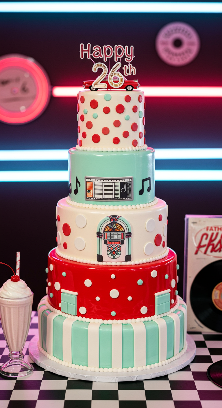Mehrstöckige 50er-Jahre Diner-Torte mit Jukebox und Polka Dots.