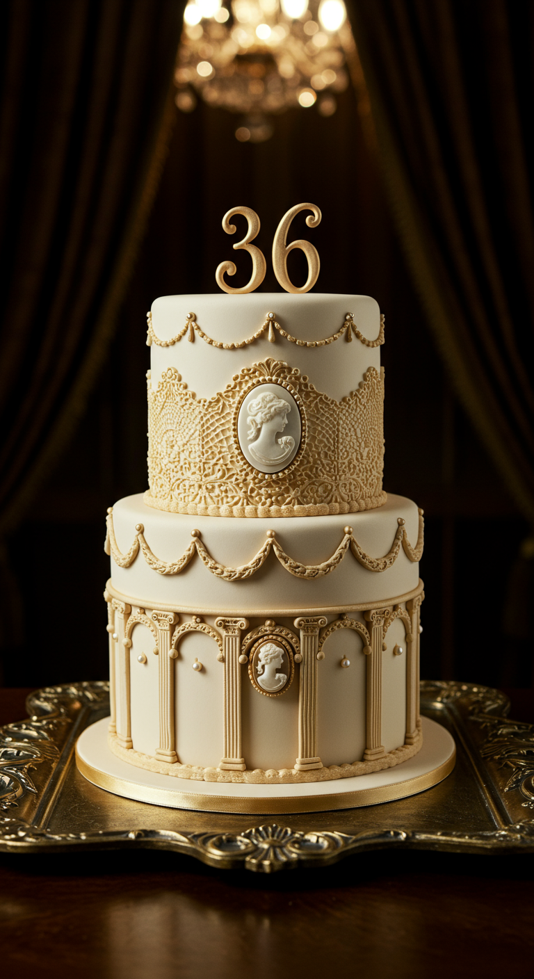 Zweistöckige cremefarbene Torte mit goldenen Ornamenten, Spitze und Cameo-Porträts.
