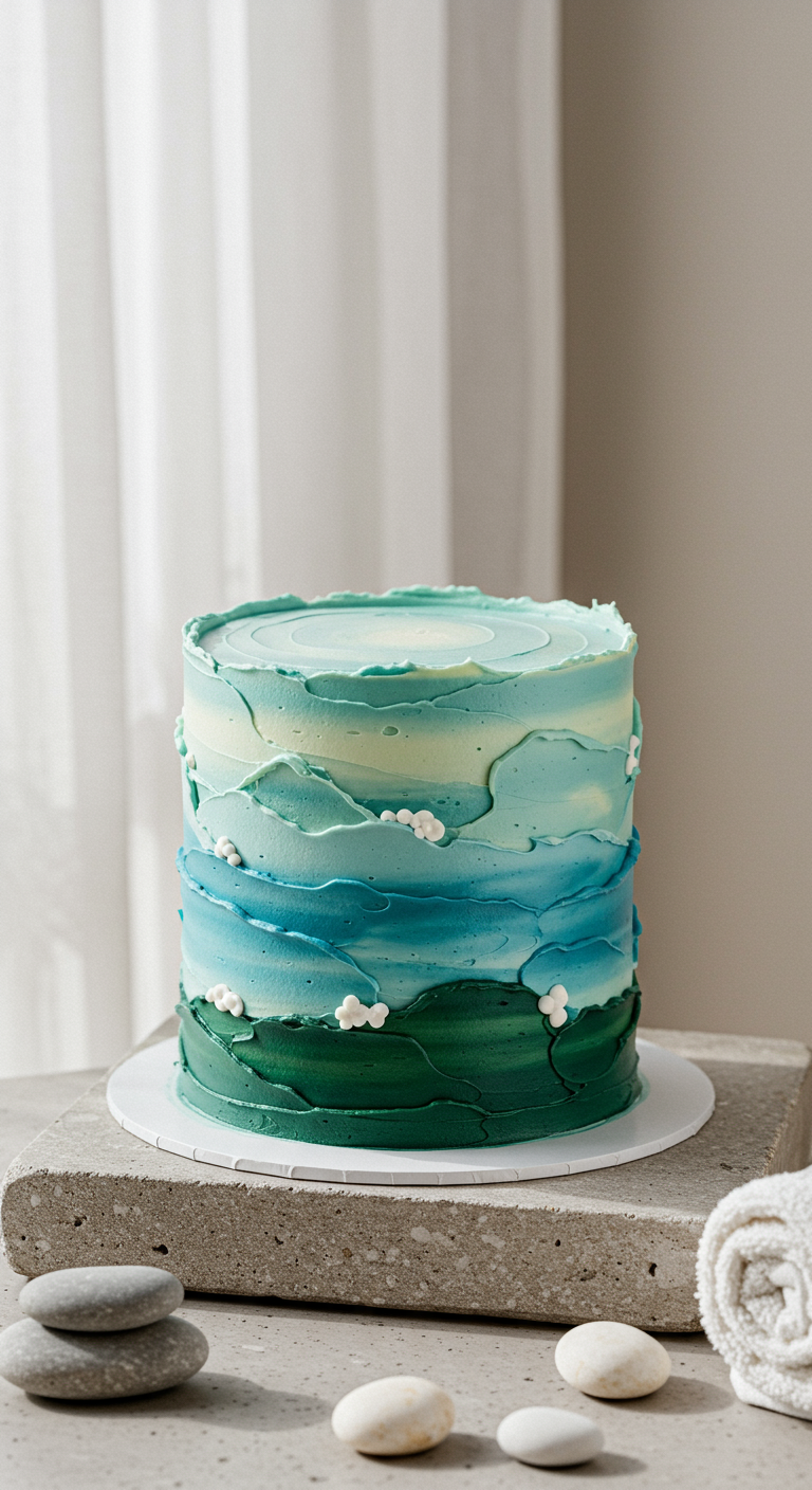 Runde Torte mit Buttercreme in Blau- und Grüntönen, die Wellen formen, mit kleinen weißen Akzenten.
