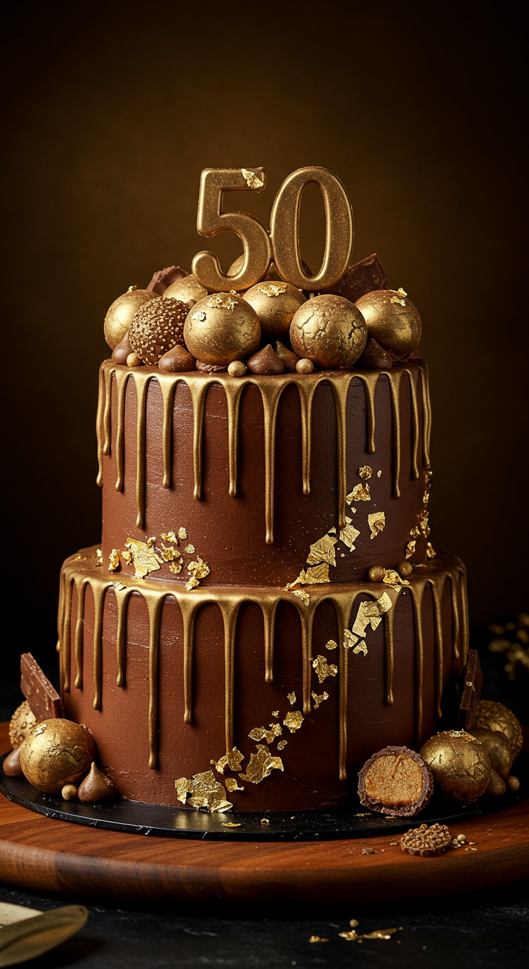 Zweistöckige Schokoladentorte mit Gold-Drip, goldenen Pralinen und '50' Topper.