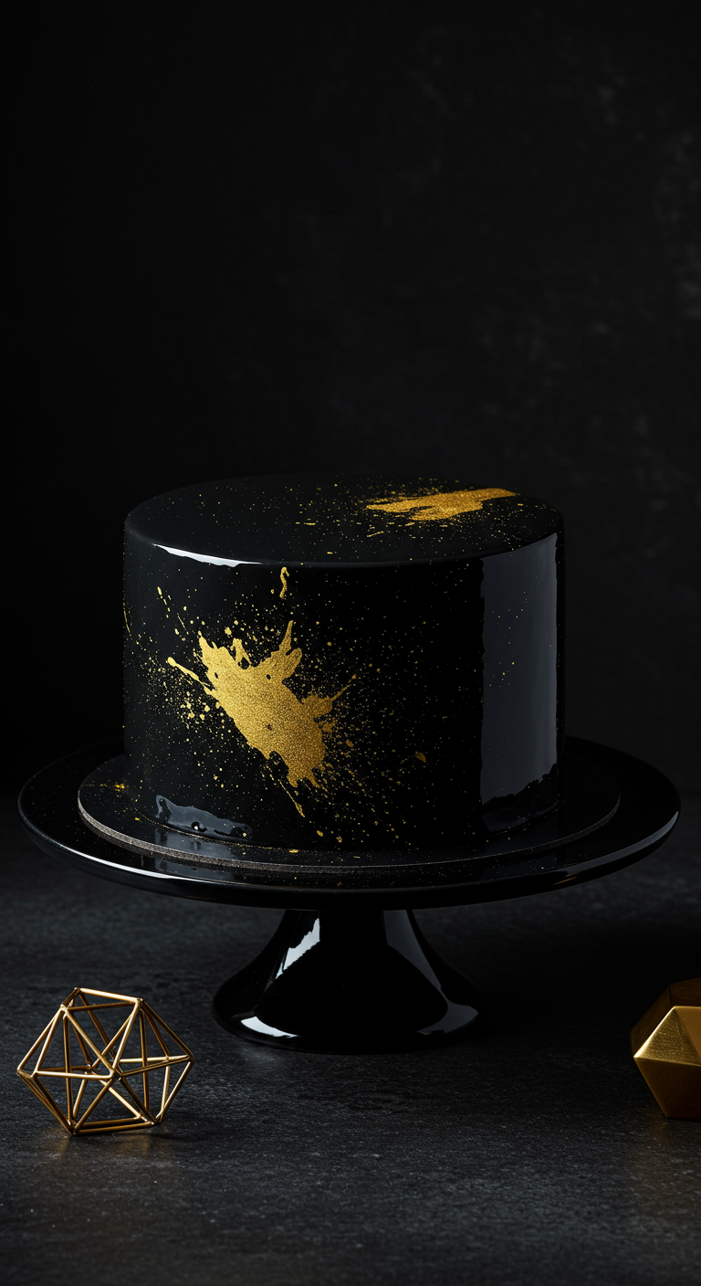 Schwarze Mirror-Glaze-Torte mit goldenen Farbspritzern auf einem schwarzen Tortenständer.
