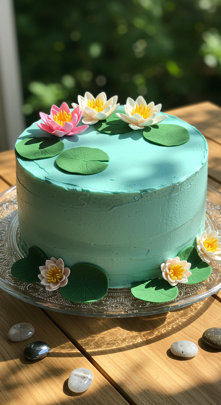 Türkisfarbene Torte mit Seerosenblättern und -blüten aus Zucker, dekoriert wie ein kleiner Teich.