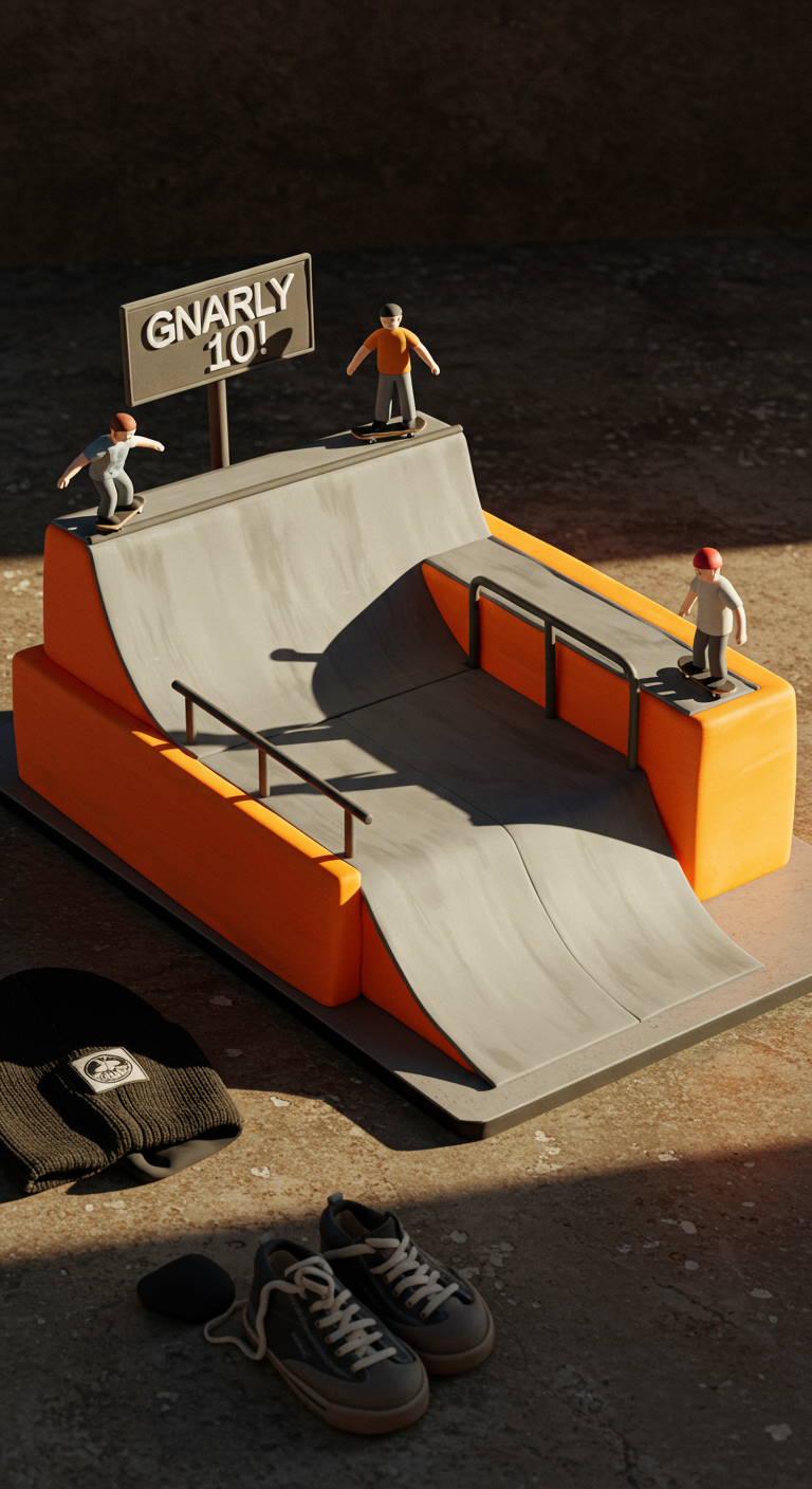 Kuchen in Form einer Skate-Rampe mit Geländer und Mini-Skaterfiguren.