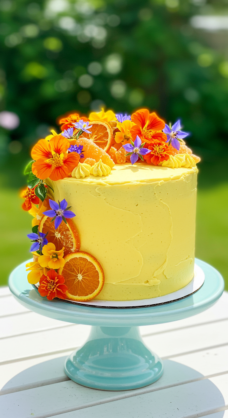Sonnengelbe Torte dekoriert mit bunten essbaren Blüten und kandierten Orangenscheiben.