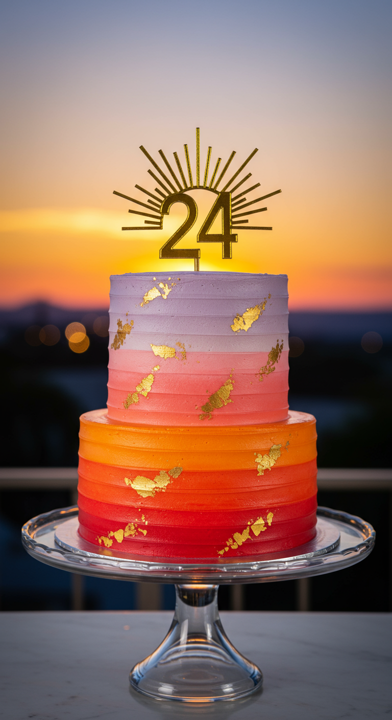 Zweistöckige Ombré-Torte in Sonnenuntergangsfarben (Lila, Pink, Orange, Rot) mit Goldflocken, 24-Topper.