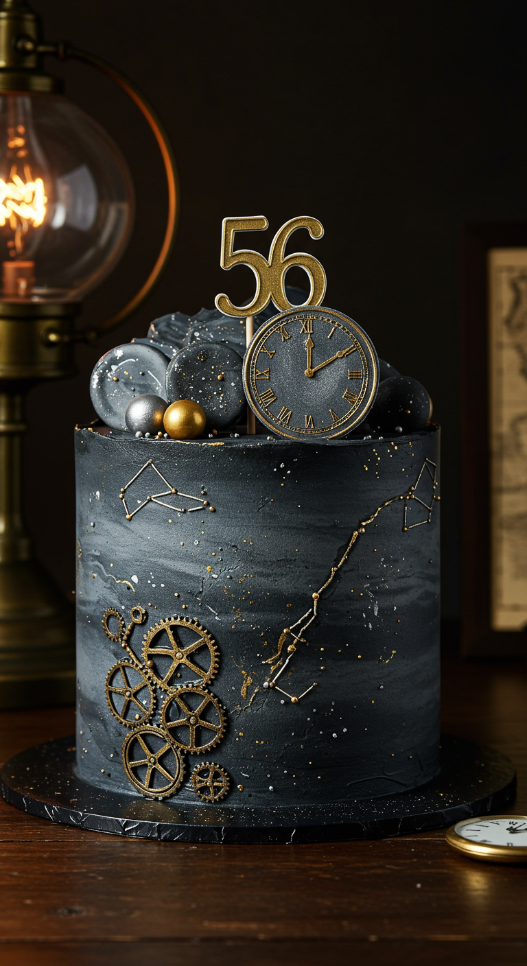 Dunkle Torte im Steampunk-Stil mit Zahnrädern, Uhr und goldenen Details.