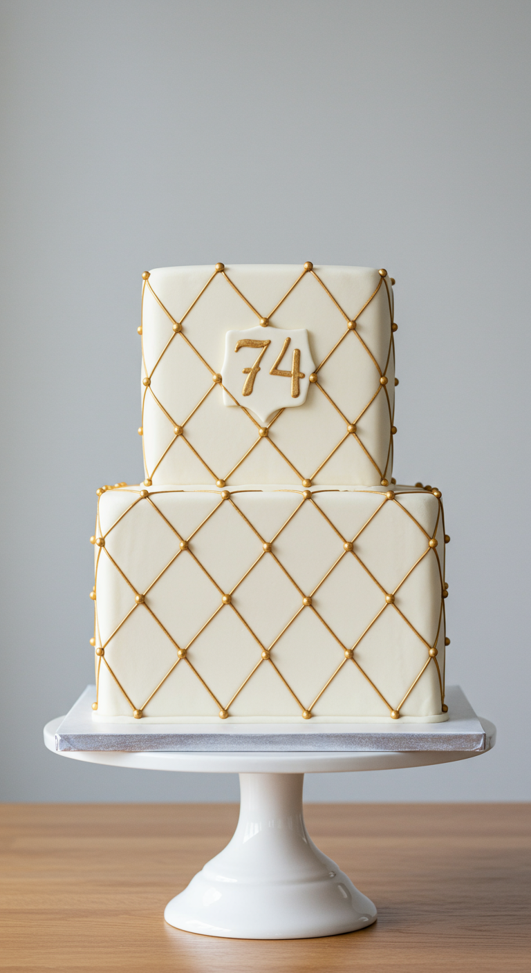 Weiße zweistöckige Torte mit goldenem Steppmuster und Zahl 74 Plakette.