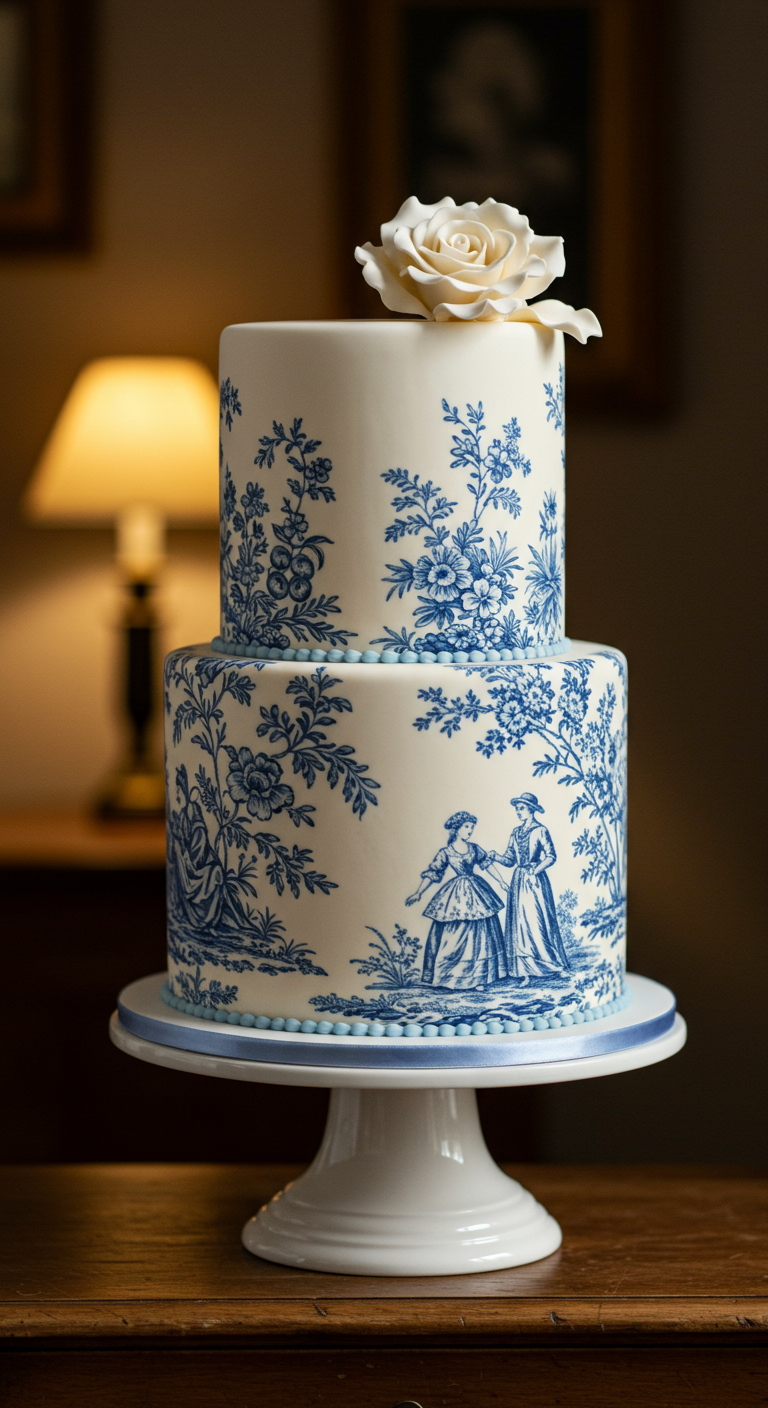 Zweistöckige weiße Torte mit blauem Toile de Jouy-Muster und Zuckerrose.