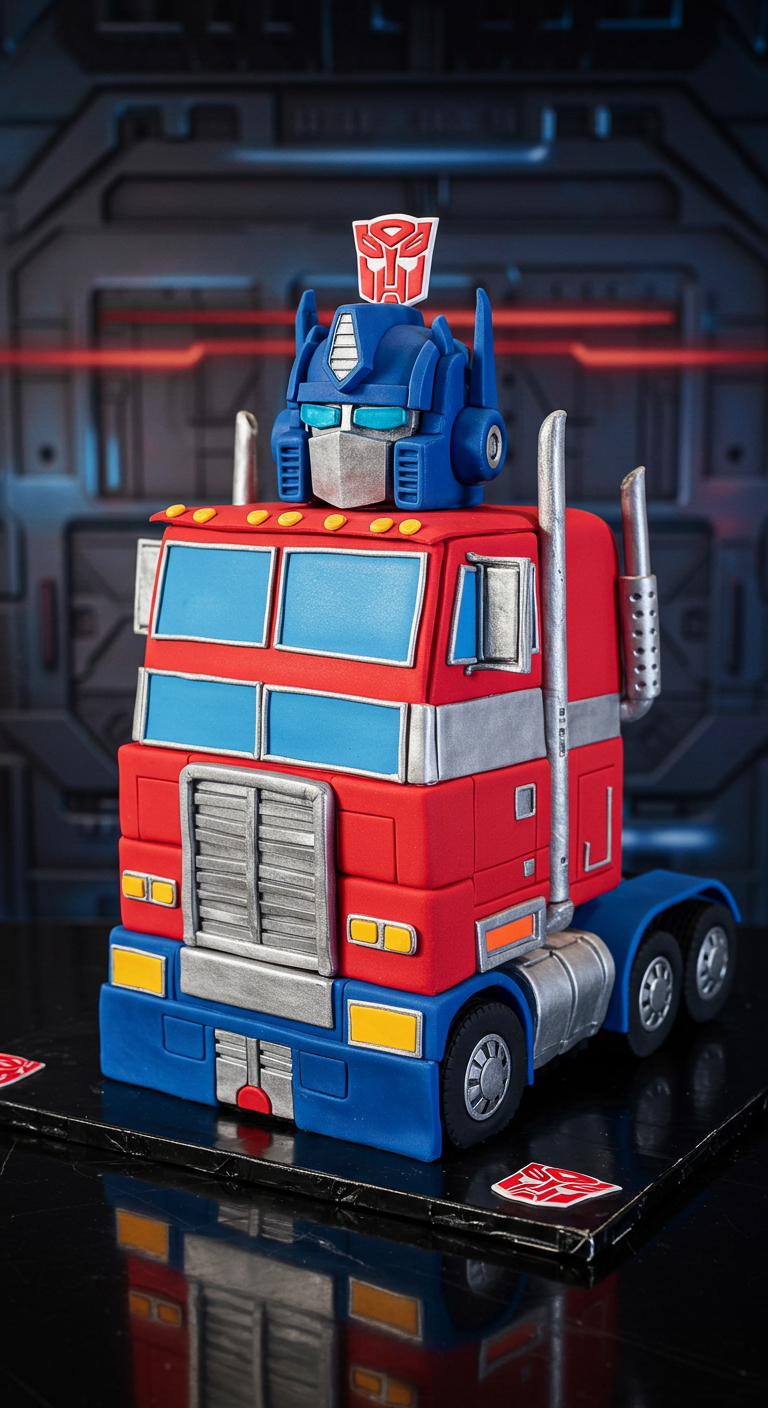 Optimus Prime Truck als Torte in Rot, Blau und Silber mit vielen Details