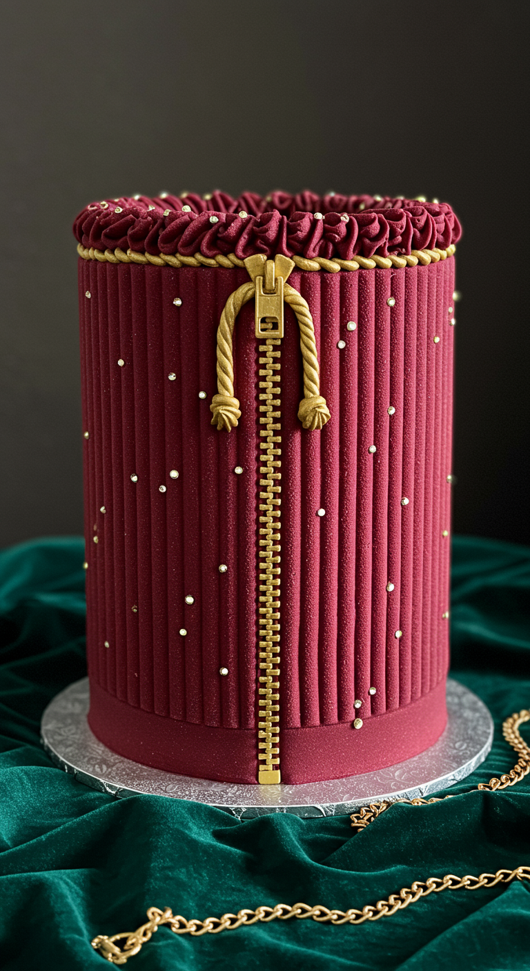 Weinrote Torte mit Velours-Optik, goldenem Reißverschluss und Rüschenkragen.