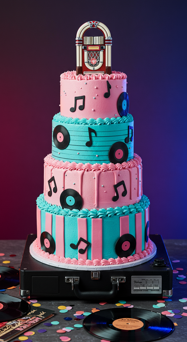 Mehrstöckige rosa-blaue Torte mit Schallplatten, Musiknoten und Jukebox-Topper.