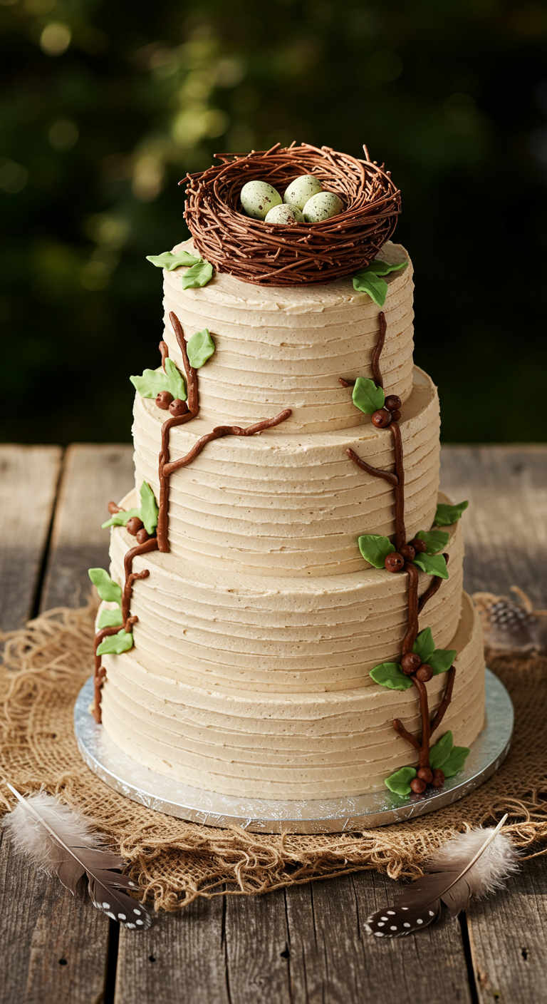Dreistöckige Torte in Beige mit Rillenstruktur, Blätterranken und Vogelnest-Topper.