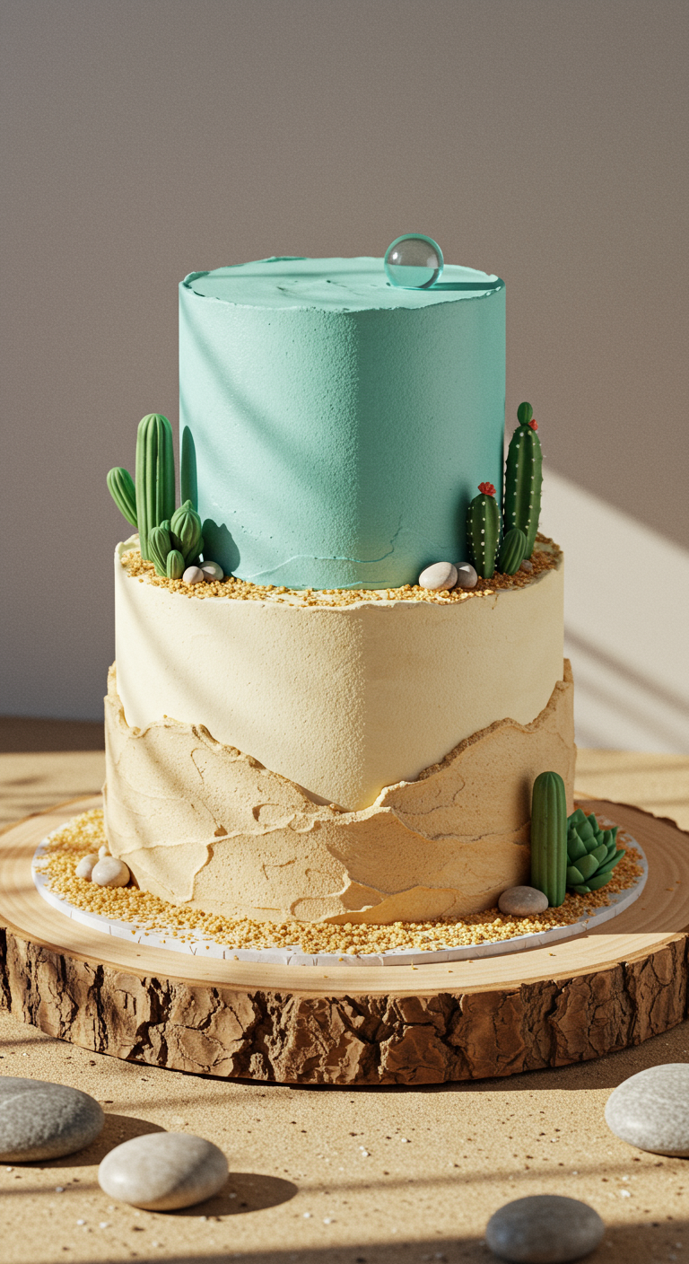 Zweistöckige Torte im Wüsten-Design mit Kakteen und Sand-Textur.