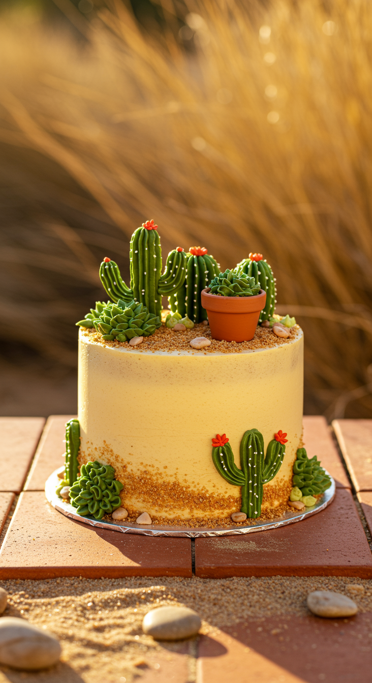 Hellgelbe Torte dekoriert mit aufgespritzten Buttercreme-Kakteen und Sukkulenten.