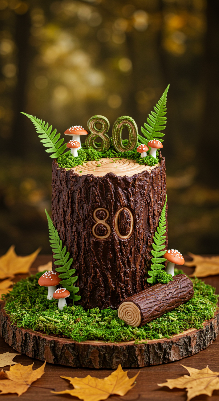 Torte in Form eines Baumstumpfs mit Moos, Pilzen und Farn.